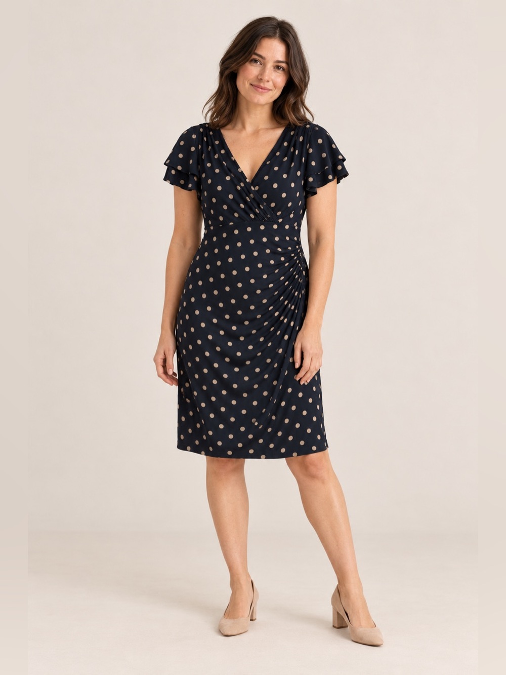 Lauren Ralph Lauren Polka Dot Ruched Flutter Sleeve Dress Size 10